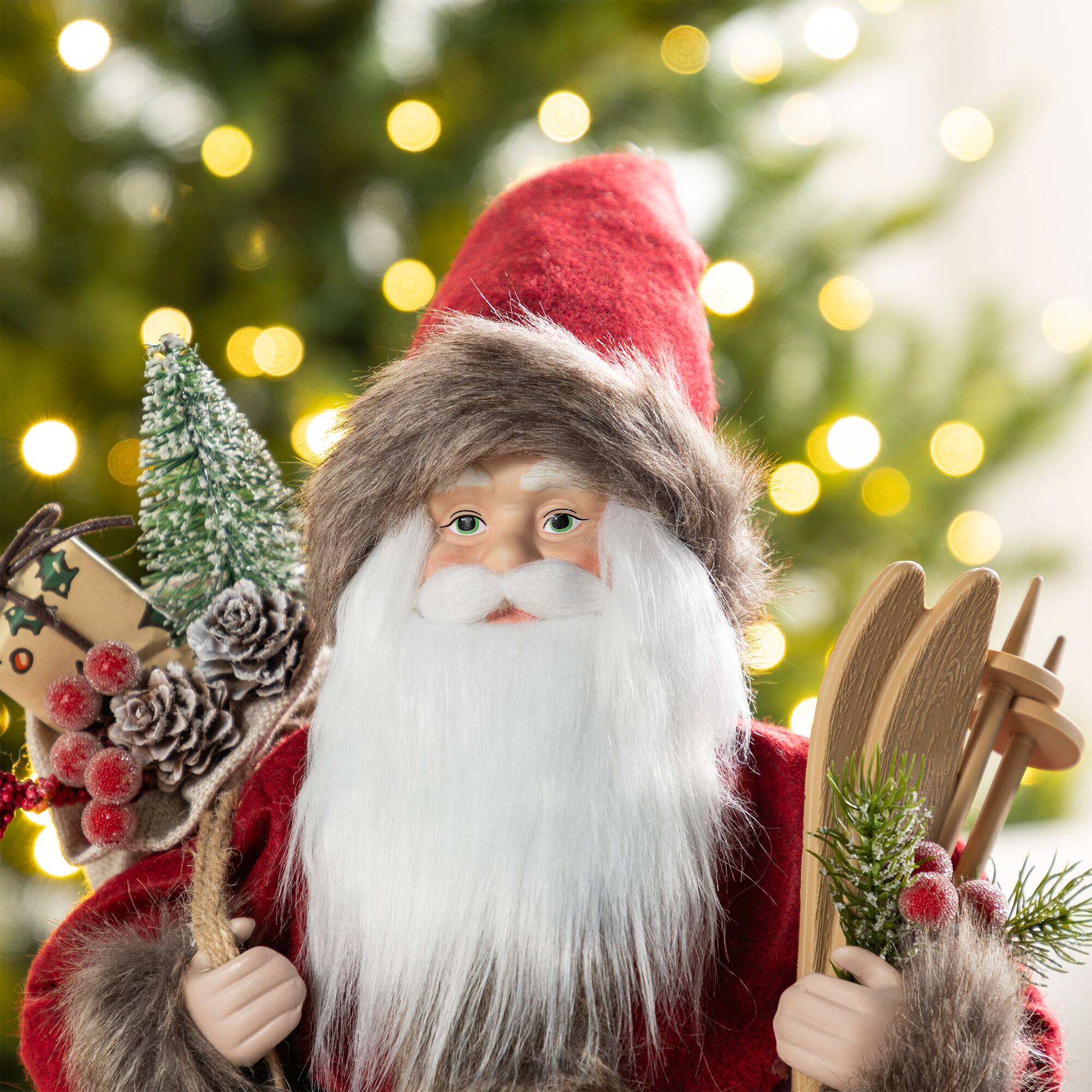 Glitzhome® 18"H Faux Fur Christmas Red Woodland Santa Figurine with Porcelain Face